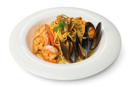 Сифудо ясай яки мидии, креветка