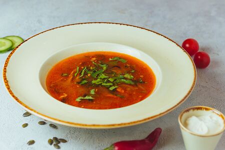 Солянка с двумя видами мяса и охотничьими колбасками