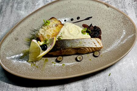 Стейк из лосося с картофельным гратеном и муссом из пармезана