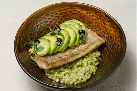 Судак с пастой птитим и икрой палтуса