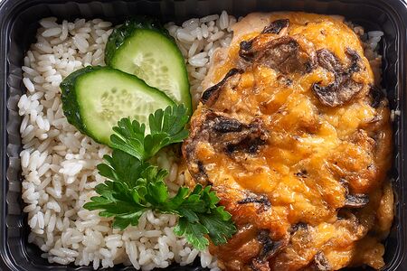 Куриная грудка с грибным жюльеном и рисом