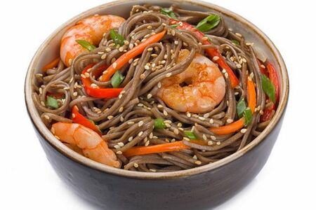 Соба с древесными грибами, креветками и беконом