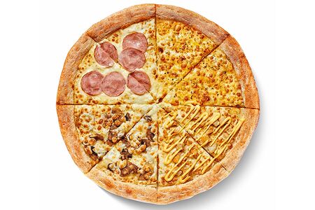 Пицца 4 вкуса на толстом тесте