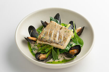 Судак с устричным соусом, мидиями и спаржей