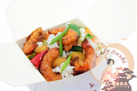 Вок креветки с рисом и овощами по-пекински