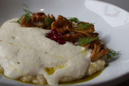 Картопляник с лисичками и муссом из фермерского сыра