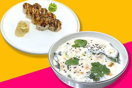 Суп сливочный с угрем, ролл плюс напиток