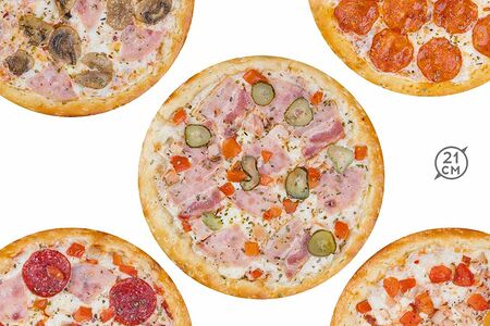 Комбо 5 пицц 21 см пепперони, вкусная, с ветчиной и грибами, сборная, чикен