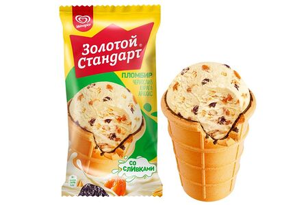 Золотой Стандарт мороженое пломбир в вафельном стаканчике С черносливом, курагой и арахисом