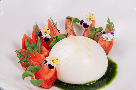 Буррата с томатами и соусом песто