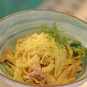 Паста карбонара с беконом и грибами