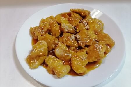 Курица в кляре в апельсиновом соусе