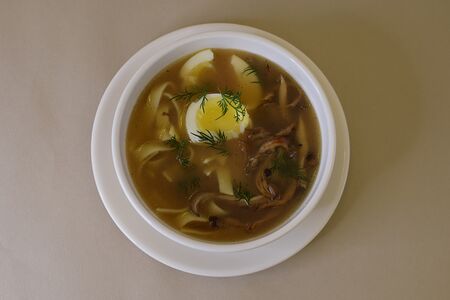 Бульон с курицей, вешенками, яйцом всмятку и лапшой