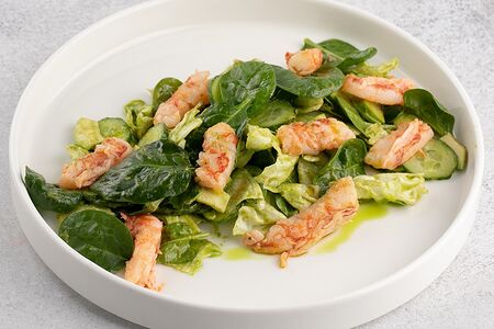 Зеленый салат с лангустинами и соусом гуакамоле