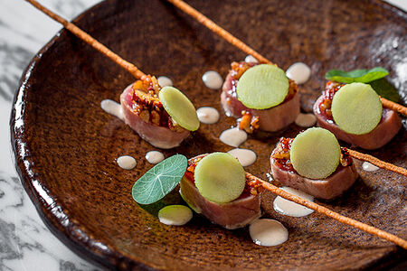 Татаки из жженого тунца бигай с соусом кешью