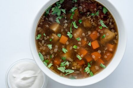 Суп из белых грибов с рисовой лапшой и соевой сметаной