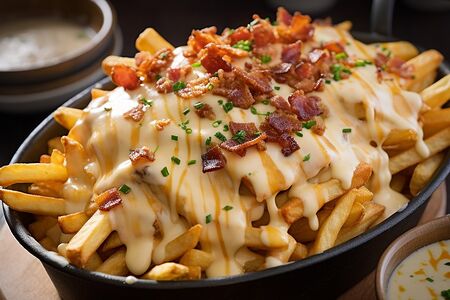 Картофель фри с сыром Чеддер, беконом и хрустящим луком