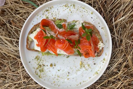 Брускетта с форелью, гуакамоле и страчателлой