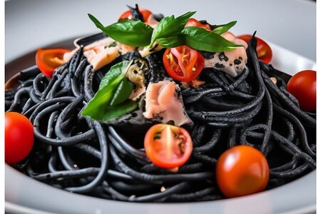 Черная паста с форелью и томатами