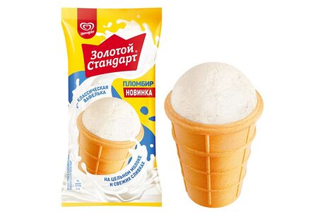 Золотой Стандарт мороженое пломбир на цельном молоке и свежих сливках в вафельном стаканчике 95 гр