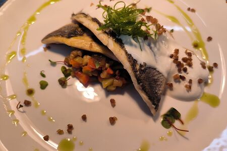 Сибас с подкопченной сметаной, артишоками и рататуем