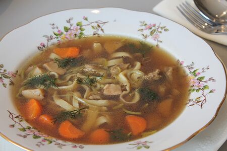 Домашняя лапша с грибным бульоном и рваной уткой