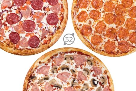 Комбо 3 пиццы 32 см вкусная, с ветчиной и грибами, пепперони