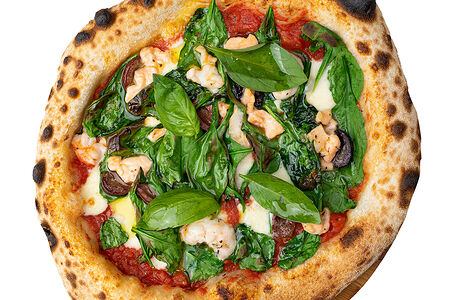 Пицца с лососем и креветками