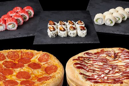 Две пиццы и три ролла