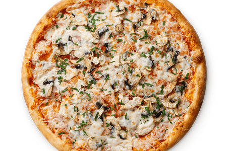 Пицца с курицей, шампиньонами, ветчиной