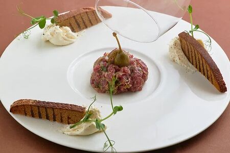 Тартар из говядины с творожным сыром, хлебцами и яблочным дымом
