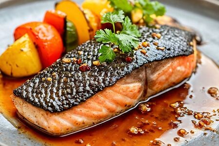 Стейк из форели с овощами гриль