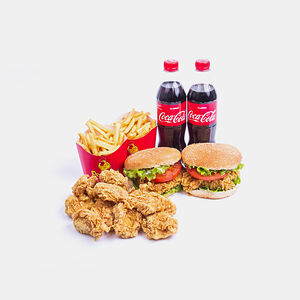 Два зингер бургера, крылья, фри, напиток, кетчуп 
