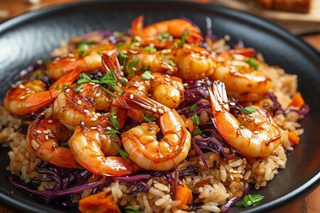 Чесночный рис с креветками