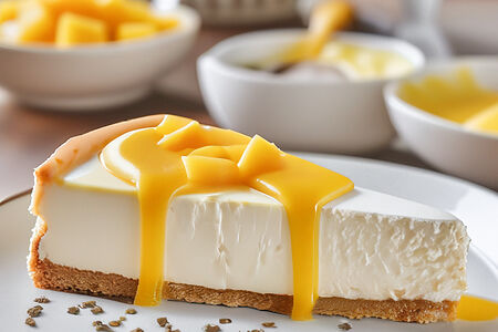 Творожный чизкейк с семенами чиа и соусом манго