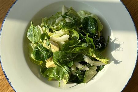 Зеленый салат с авокадо и малиновой заправкой