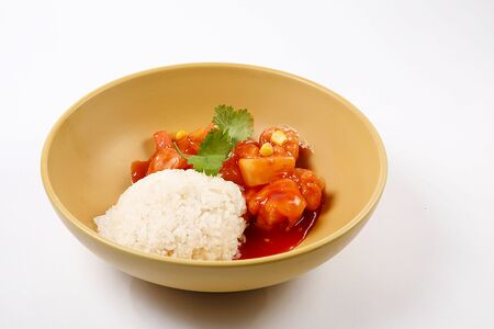 Креветки в кисло-сладком соусе и рис на пару