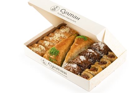 Турецкая пахлава Ассорти №15 (Бурма с миндалем, Хавуч-Дилими с фисташками, Шок с грецким орехом, Дворцовый рулет)