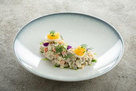 Оливье с телячьим языком и икрой щуки