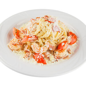 Спагетти карбонара с креветками