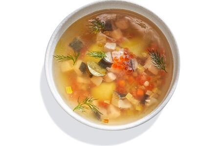 Суп Уха из разных пород рыб с печеным картофелем