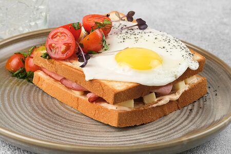 Сэндвич на тостовом хлебе с ветчиной, томатами и копченным сыром