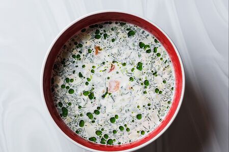 Окрошка с форелью и креветками