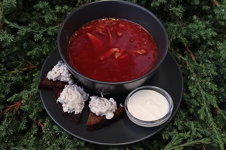 Борщ с говядиной и копченой сметаной