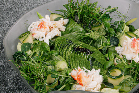 Большой зеленый салат с крабом и авокадо