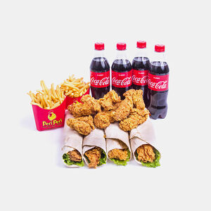 Зингер сэндвич, крылья, большие фри, напиток, кетчуп
