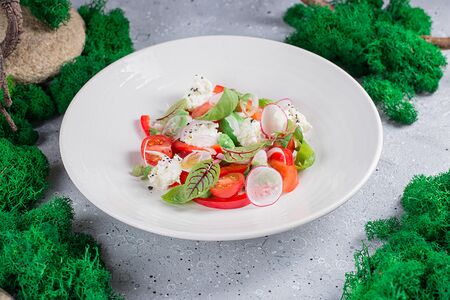 Салат с томатами, перцем, молодым сыром и муссом из брокколи