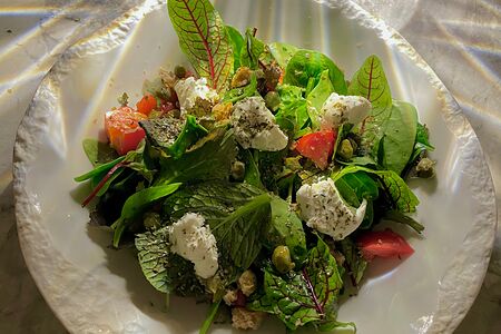Зеленый салат с козьим сыром и критскими сухарями