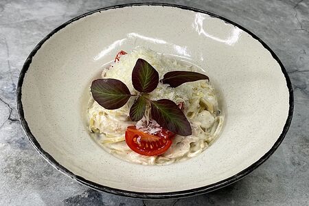 Паста с курицей и шампиньонами 