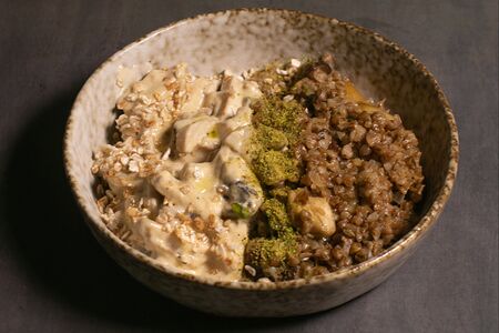 Куриный строганов с гречей и белыми грибами